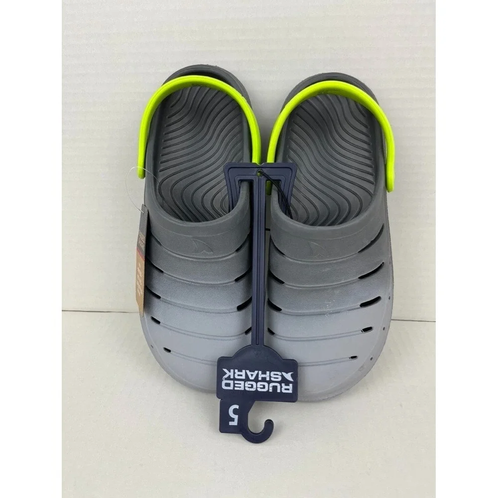 Rugged Shark Boy's Lite EVA Comfort Molded Gray & Green Back Trap Clogs Size 5